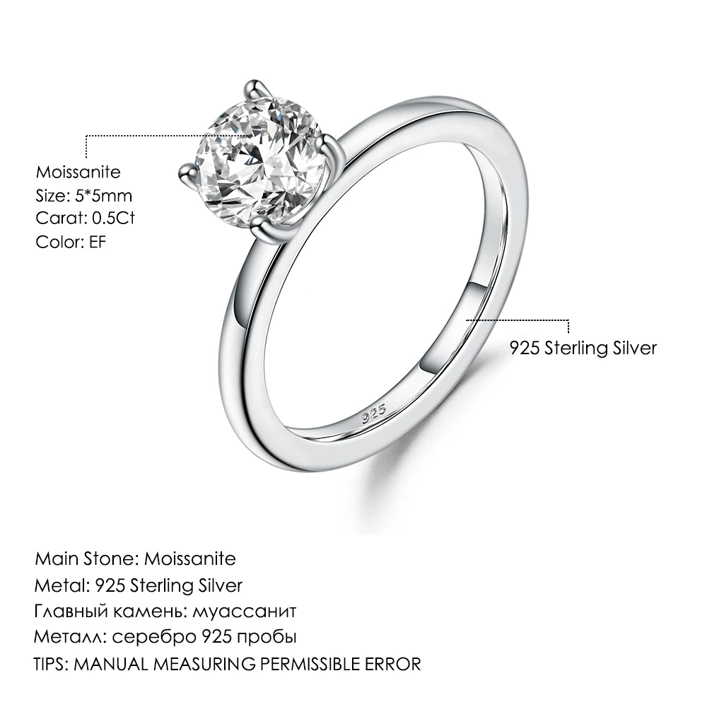 

GEM'S BALLET 925 Sterling Silver 0.5Ct Round Cut EF Color Moissanite Engagement Promise Rings For Women Wedding Fine Jewelry