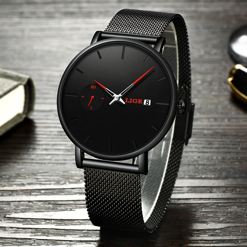 Кварцевые часы LIGE Red pointer мужские от ведущего бренда роскошные для мужчин простые