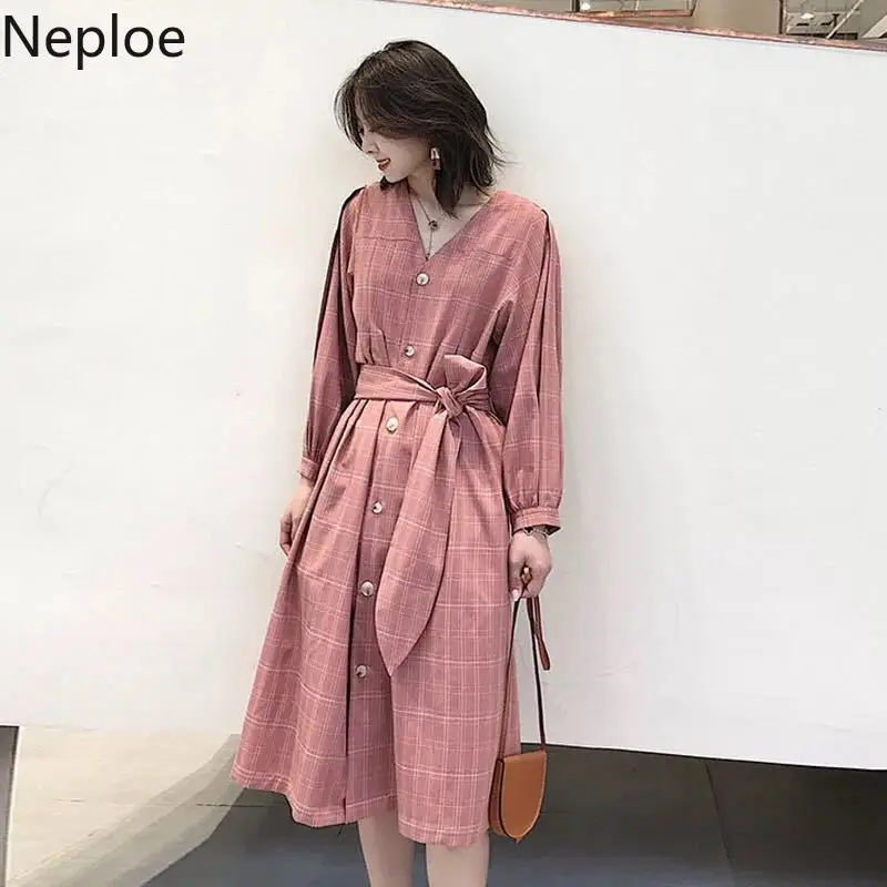 Neploe клетчатое женское платье осень 2019 корейский v-образный вырез длинный рукав