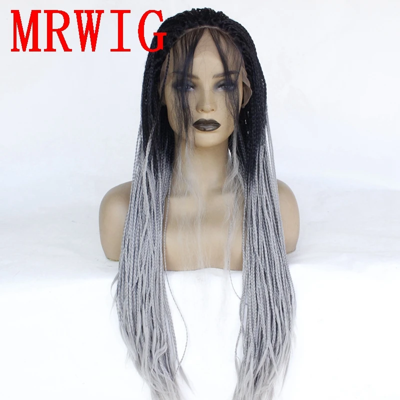 MRWIG черный/средний серый волос Цвет плетеный ящик косы синтетических Glueless