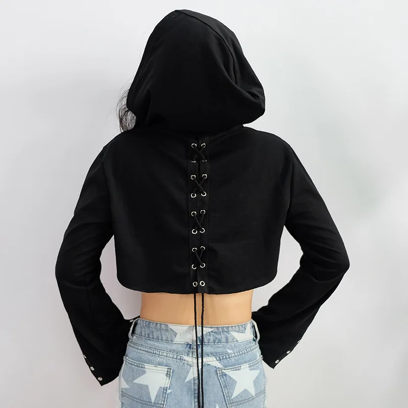 Мода 2017 Толстовки Толстовка Для женщин задней шнуровкой черный укороченные Топы