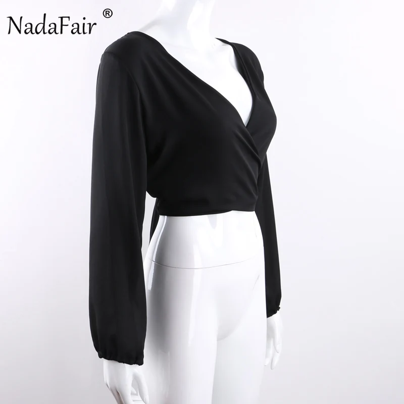 Nadafair, элегантная офисная шифоновая белая блузка, женские рубашки, v-образный вырез, сексуальная открытая спина, бант, вечерние блузки с длинным рукавом, женские топы