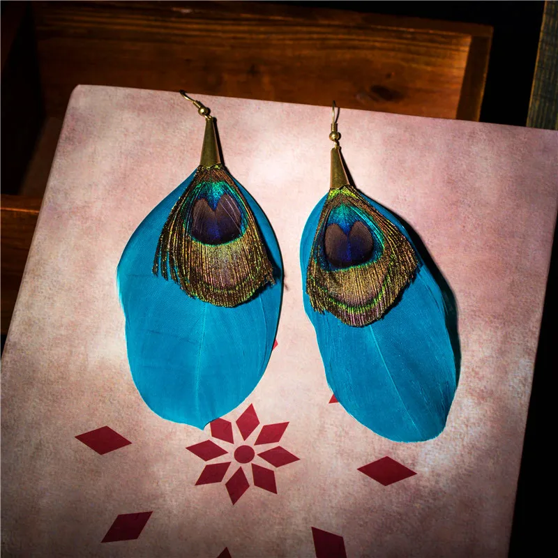 Женские серьги с синими перьями в этническом стиле|feather earrings for women|blue feather earringsfeather