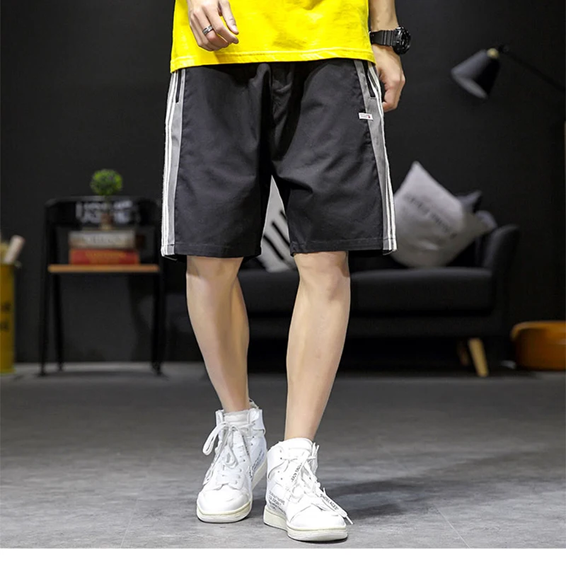 Oversize M-5XL Harajuku Stripe Trousers Men Streetwear Short Knee Length Loose Casual Shorts 2019 Summer Male Sports | Мужская одежда
