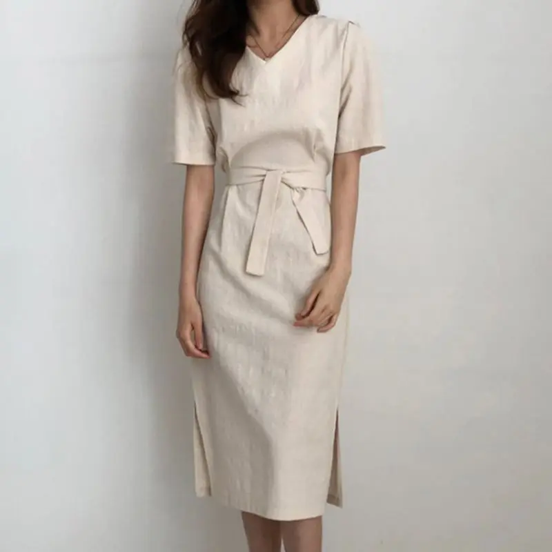 Elegant Vintage Korean Style White Chic Summer Women Midi Dresses Straight Plain Lace Up Split Khaki Female OL Lady Retro Dress | Женская
