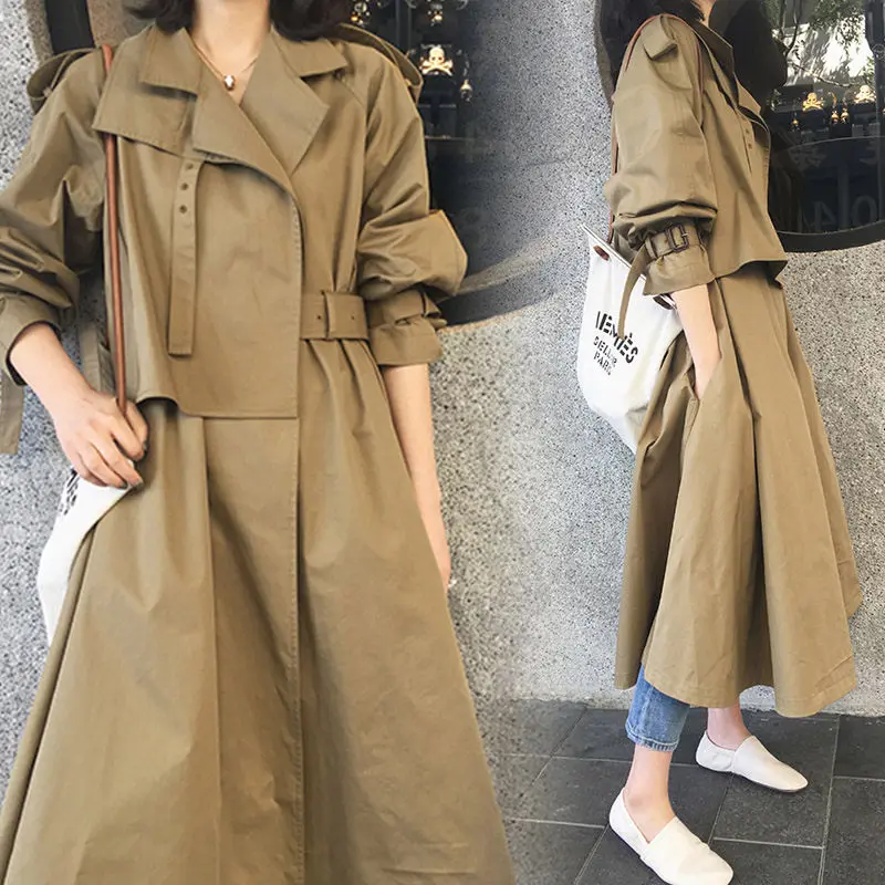 Женский Длинный Тренч с отворотом простой цвета хаки и серого на весну осень
