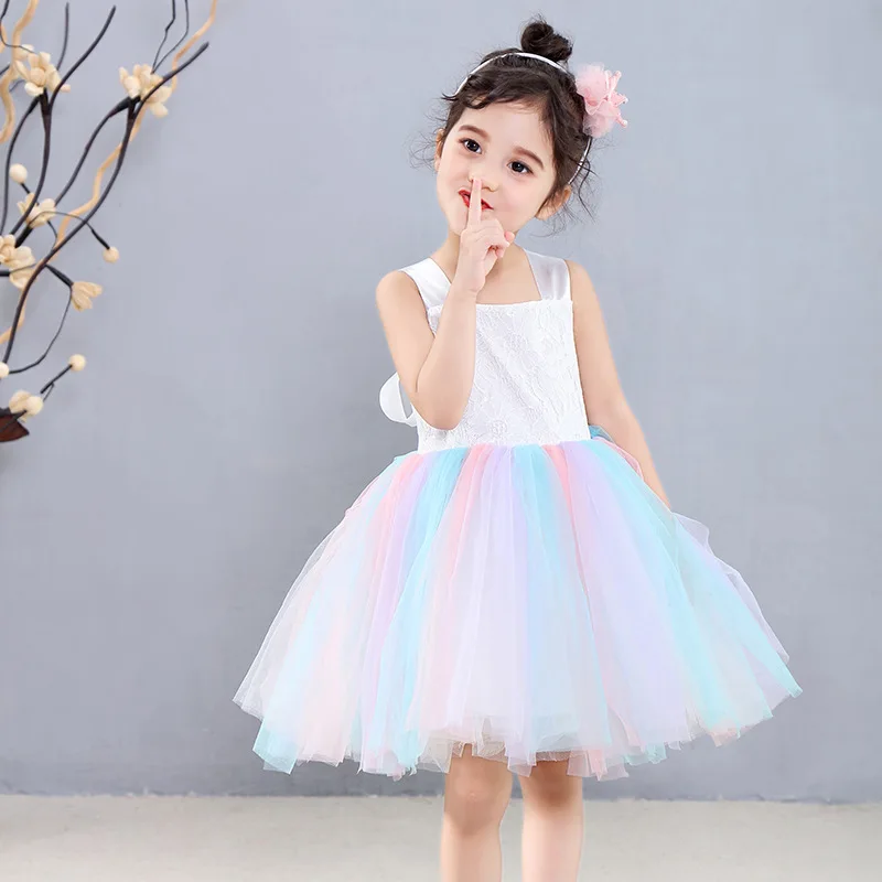 gradient color frocks age for 3 - 8 yrs little girls colorful ruffle dress 2019 summer kids rainbow tulle sleeveless vest-dress | Детская