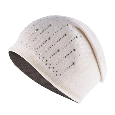 Повседневные вязаные шапки из кроличьей шерсти, женские шапки skullies, зимние шапки для девочек, мигающие бриллианты, двухслойная женская шапка gorros - Цвет: Бежевый