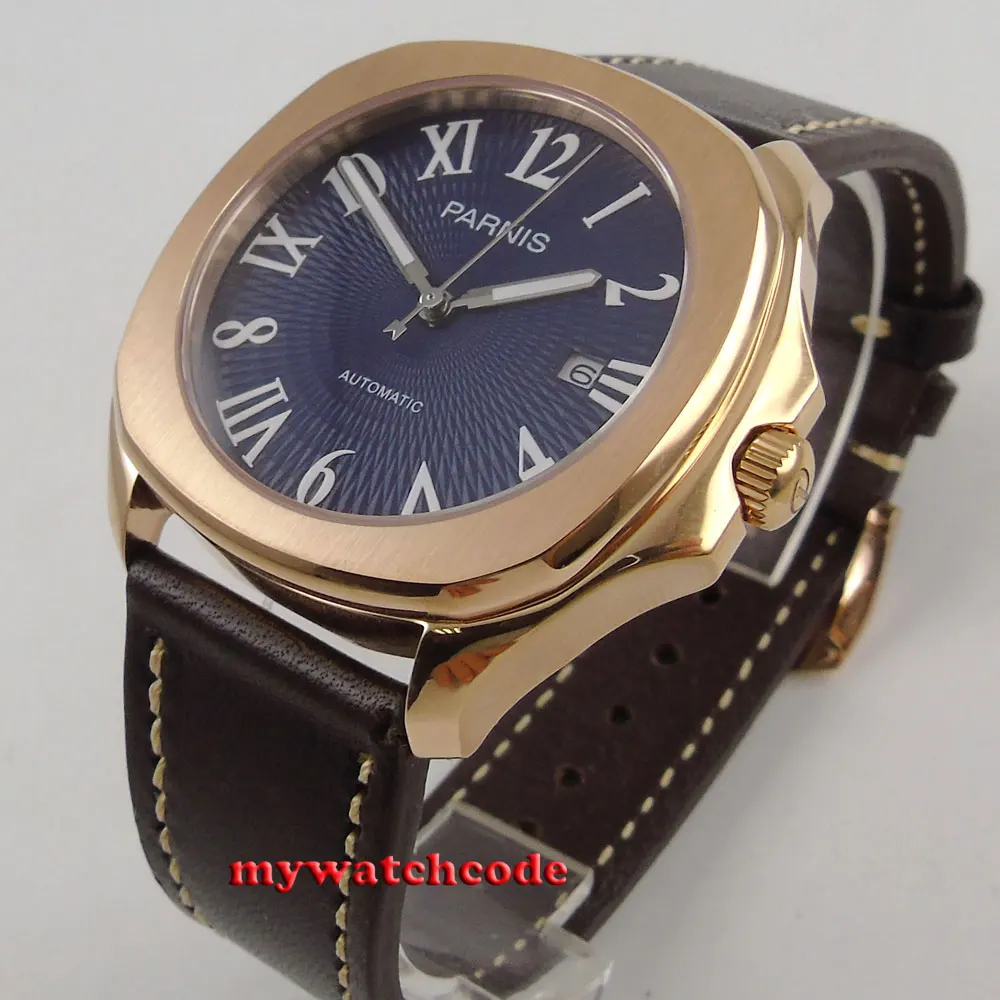 40 мм Parnis синий циферблат сапфировое стекло розовый золотой чехол 21 Jewels Miyota
