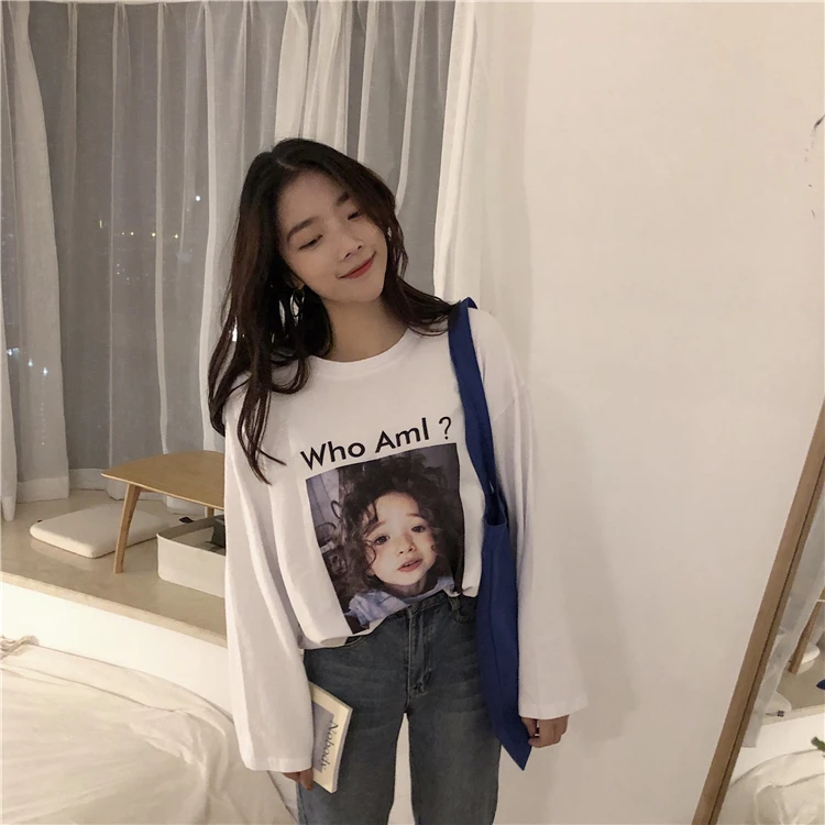 Женская винтажная Туника Ulzzang Harajuku осенняя свободная футболка с длинным рукавом