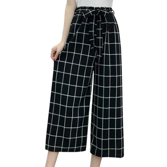 Black Plaid Летние новые Полосатые стильные черные свободные укороченные повседневные штаны с высокой талией для женщин один размер шифоновые широкие брюки размера плюс - Цвет: Black Plaid