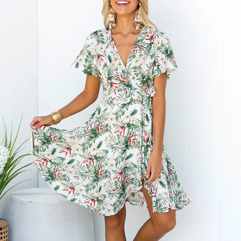 Летний цветочный принт с отворотом платье женское короткий рукав v-образный