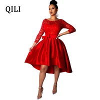 qili women party dress lace patchwork o neck wrist sleeve bow dresses white red elegant lady fit and flare dress 2019 spring