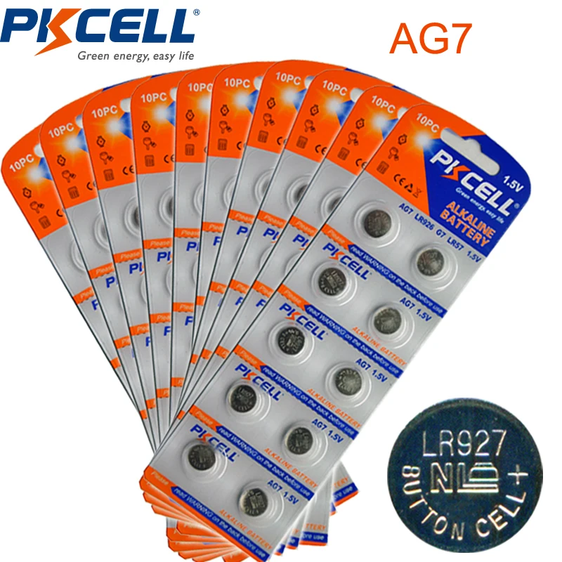 100 шт./10 карт, батарейки AG7 1,5 в LR57 L927 395 SR57 SR927SW 195, кнопочные батарейки, щелочные батарейки PKCELL