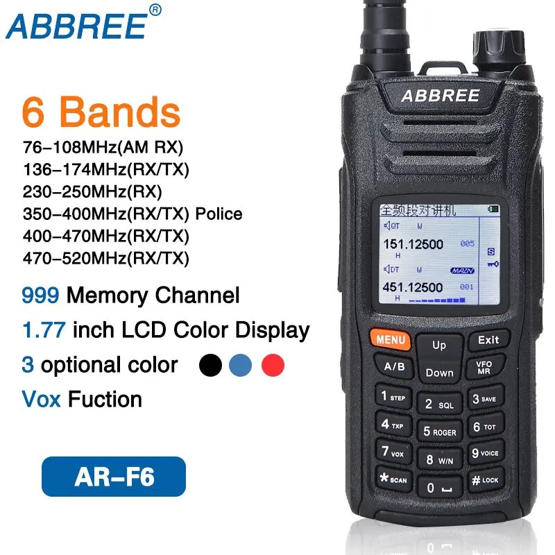 Черный ABBREE AR-F6, 6 диапазонов, двойной дисплей, двойной режим ожидания, 999CH, многофункциональный VOX DTMF SOS, цветной ЖК-дисплей, рация, радиоприемник - Цвет: Черный