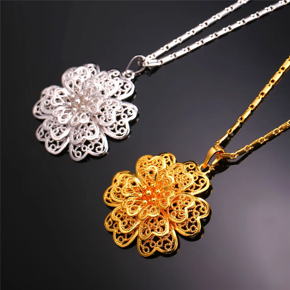 U7 Женские Позолоченные Винтаж Цветок Колье Серьги Комплект Ювелирные Изделия
