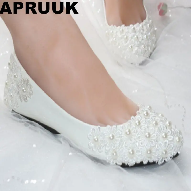 

Flat heel lace flower white wedding shoes for woman women's plus sizes round toes lace flower pearls brides wedding flats shoe