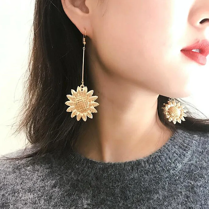 Серьги подвески Timlee E280 объемные длинные металлические серьги с подсолнечником
