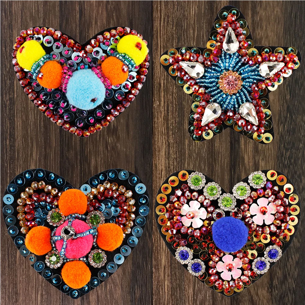 4 шт. нашивки ручной работы с сердцем и звездами Стразы мотивы из бисера Пришивные