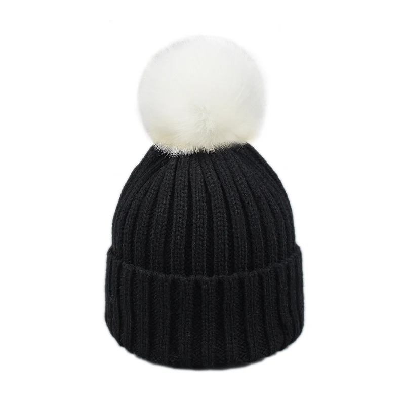 E Меховая шапка с помпоном, зимняя шапка для мужчин, Skullies Beanies, женская теплая шапка, эластичная вязаная шапка, детские меховые шапки с помпонами для девочек и мальчиков - Цвет: E