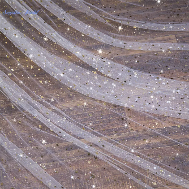 Сапфировая свадебная фата 4 м Длинная с золотыми блестками и звездами 1 ярус