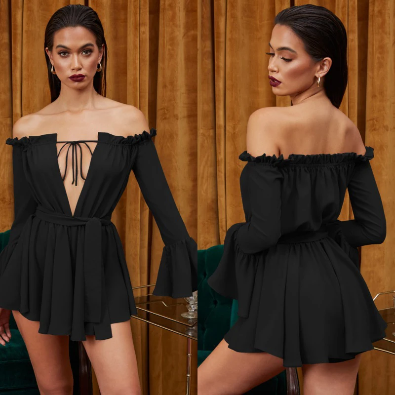 Boho шифоновое пляжное Летнее мини-платье с рюшами рукавами-колокольчиками и