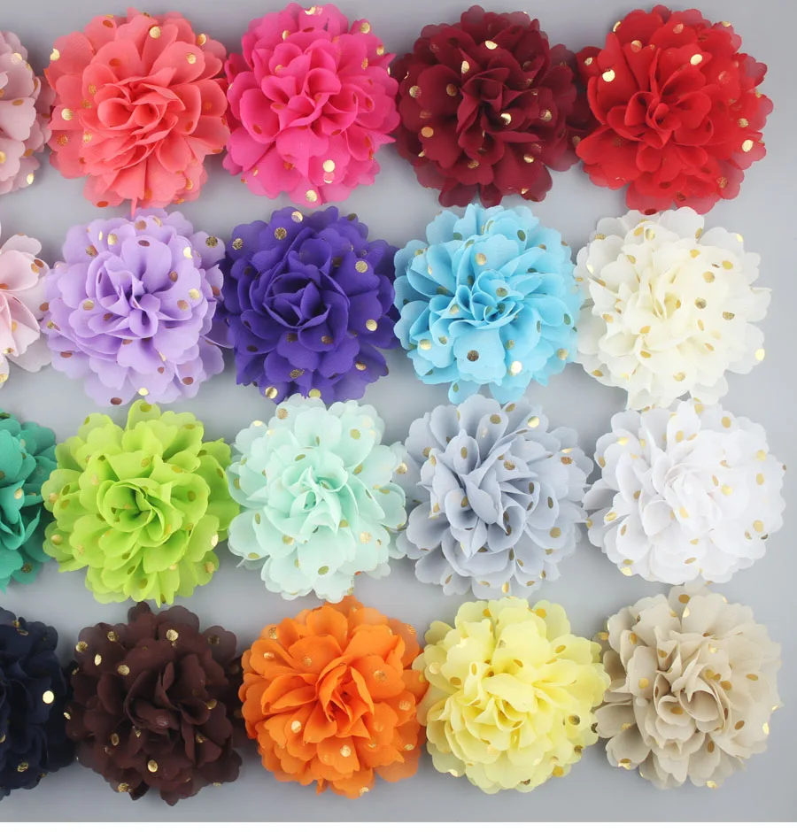 Новинка 2017 года 4 дюйма Шифоновый Цветок в Золотой горошек для заколки девочек 24