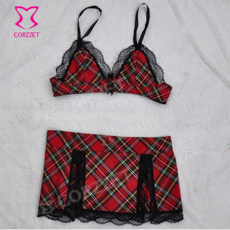 Комплект эротического нижнего белья из топа и юбки красного цвета косплей