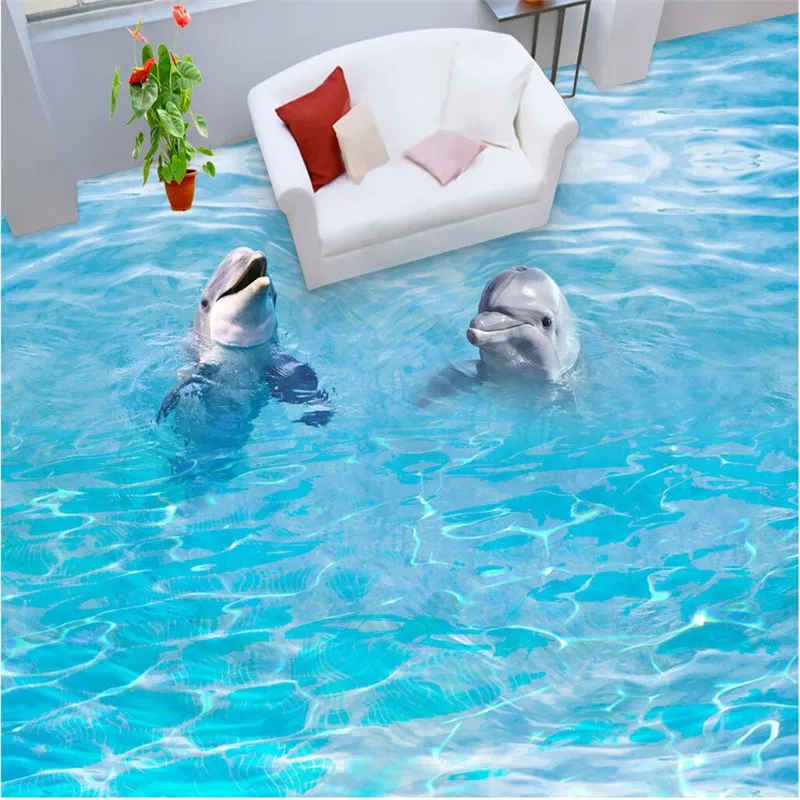 Фотообои на пол HD Дельфин морские волны водостойкая Ванная комната Кухня балкон