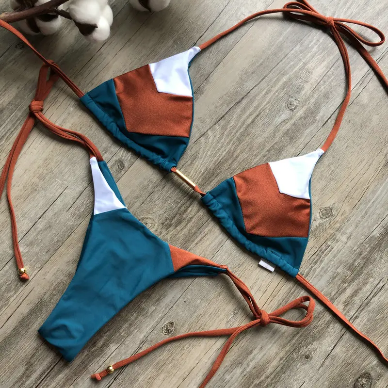Женский купальник бикини с бретелькой через шею бразильский пуш ап завязками 2019|