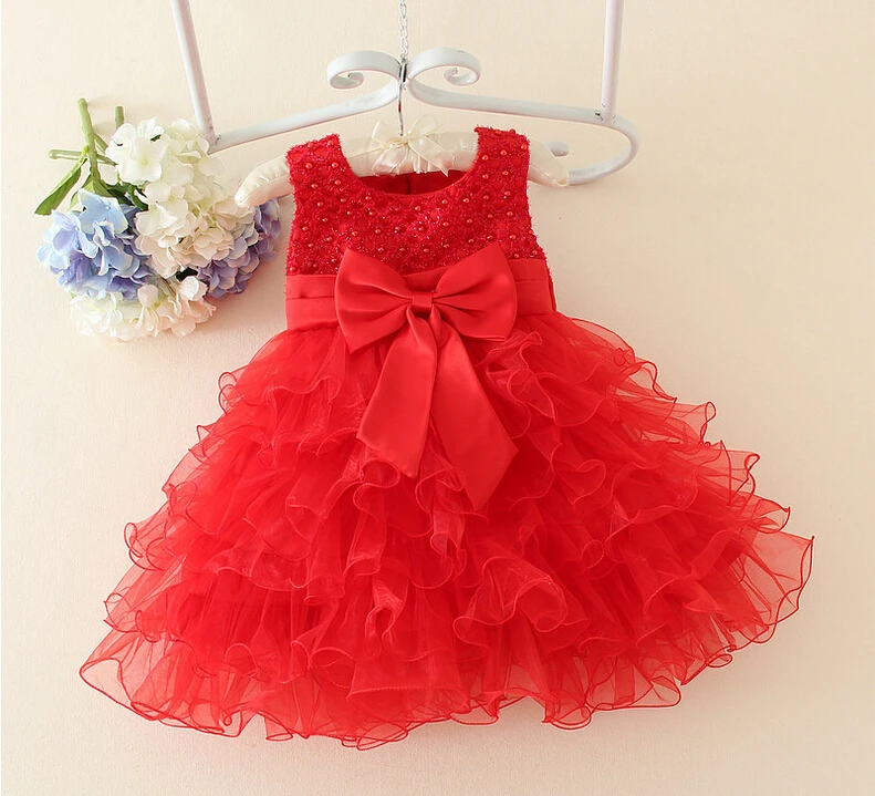 

Red Beading Bow Flower Girl Christening Gowns Baby First Communion Dresses Toddler baptism dress 1-6 Year Birthday Dress