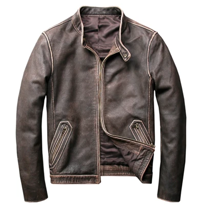 Vintage Coffee Large Size Men's Vintage Cow Leather Jackets Brand Design Genuine Leather Bomber Jacket Male Warm Motorcycle Biker Coat - Цвет: Vintage Coffee