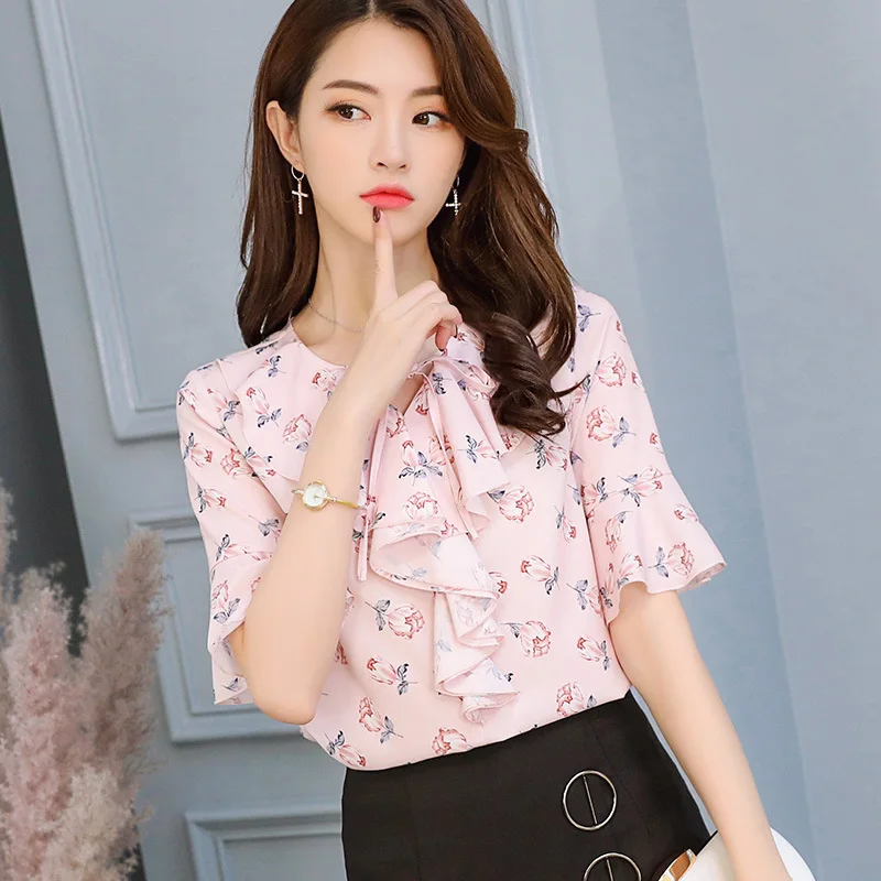 Summer Chiffon Shirt Women Fashionable Flare Half Sleeve Bowknot Blouse Office Ladies Print New Korean Leisure Top Clothes H9064