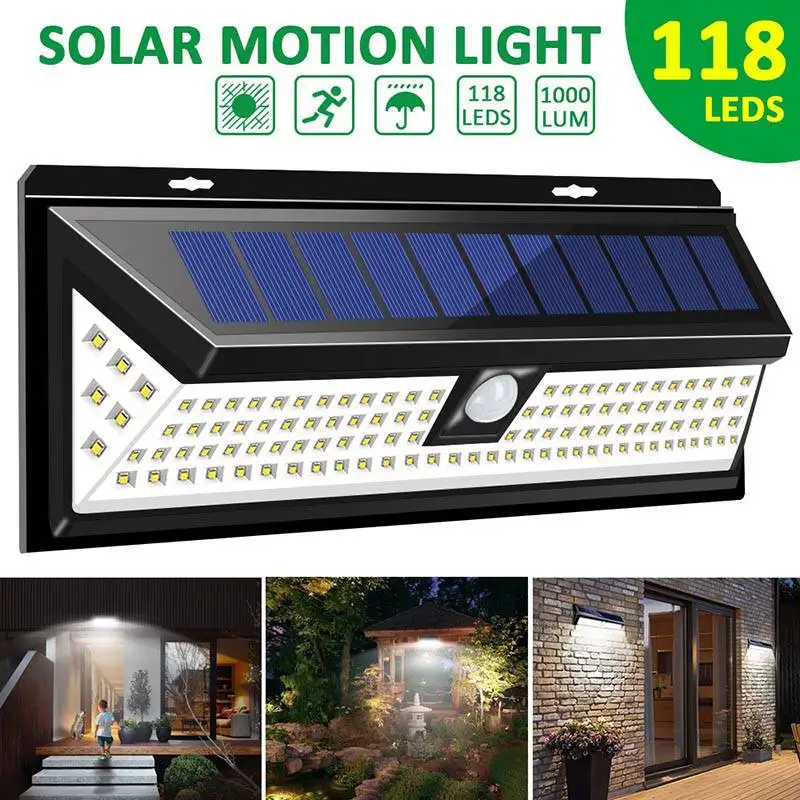 118 LED Солнечная Лампа PIR датчик движения настенный светильник водонепроницаемый