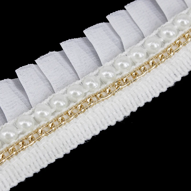 

20yards 3cm Width Braided Fake Pearl Beads Golden Metal Chain Decorated Lace Ribbon Trim For DIY Dress Wedding Clothes t246