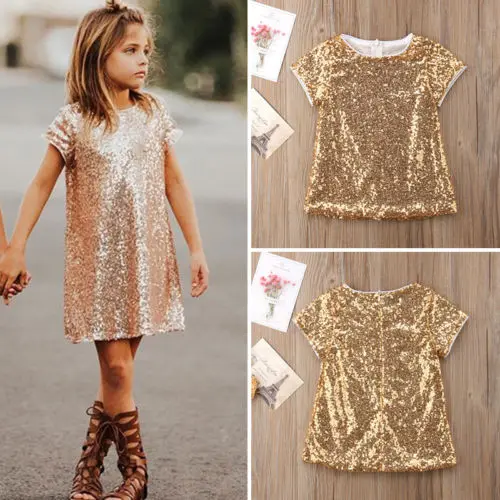 Sequins Short Sleeve Dress Girls Baby Kid Summer Party Pageant Gown Princess Children Casual Sundress | Детская одежда и обувь