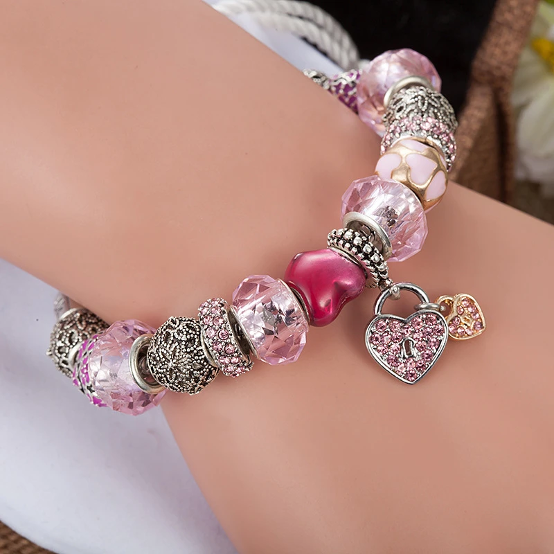 Heart Pendant Fashion Noble Elegant Charm Bracelets &amp Bangles With Pink Chamilia/Crystal/glass Beads Women Pand Bracelet | Украшения и