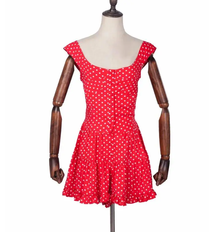 red polka dot Милый однобортный короткий комбинезон без рукавов с пуговицами, Женский винтажный короткий комбинезон с рюшами - Цвет: red polka dot