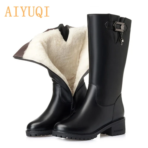black wool AIYUQI; женские шерстяные зимние сапоги; коллекция года; женские зимние сапоги из натуральной кожи; зимние женские сапоги В рыцарском стиле; большие размеры 41, 42 - Цвет: black wool
