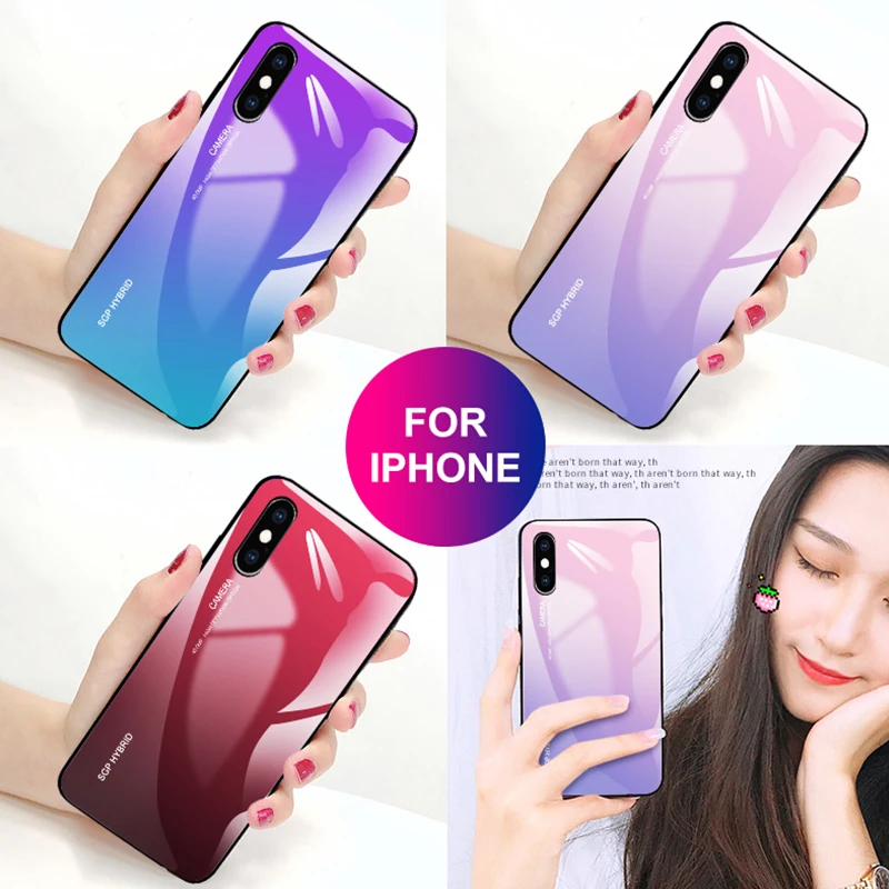 Gradient Tempered Glass Phone Case For iPhone 7 plus Protective Shell X XR XS Max 8 6 5 5s 6s back cover 9H | Мобильные телефоны и