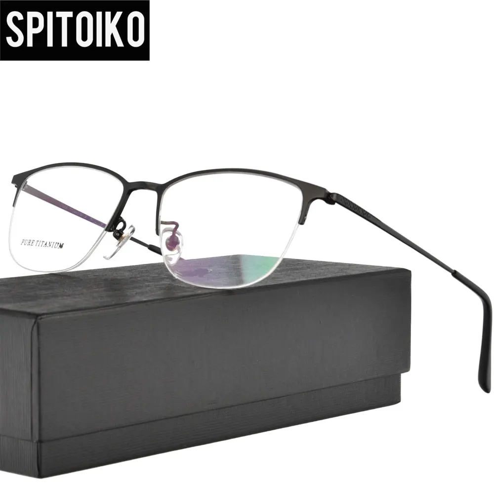 

SPITOIKO Men's Pure Titanium Optical Frame Half Rim Rectangle Myopia Prescription Eyewear Eyeglasses 9930