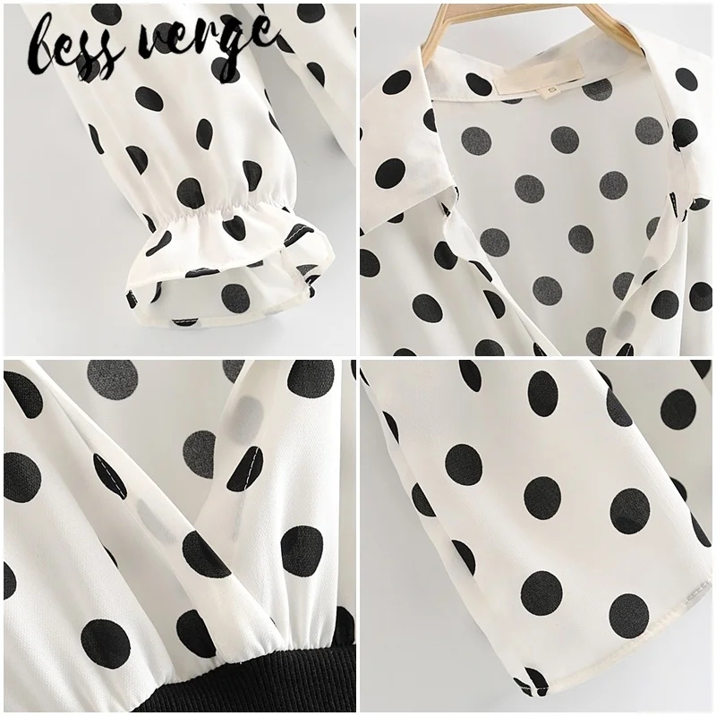 Lessverge/черная шифоновая блузка в белый горошек рубашка для женщин с рюшами и
