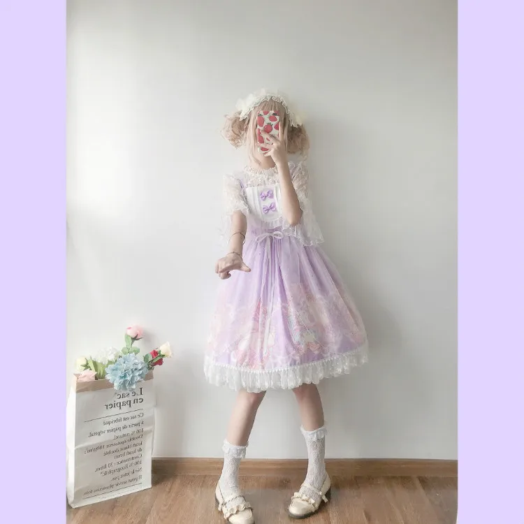 Kawaii японская Лолита АО платье женская летняя обувь мягкой сестра ветер милые с рисунком кошки с бантом в стиле «лолита» с ремешком и милым милое платье
