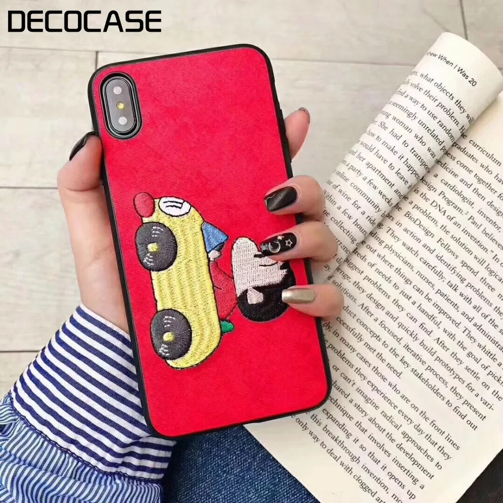 DECOCASE Cute PU Leather Pink Red Japan Anime Embroidery Women Couple Phone Cases for iPhone 6 6s 7 8 Plus X XR XS Max |