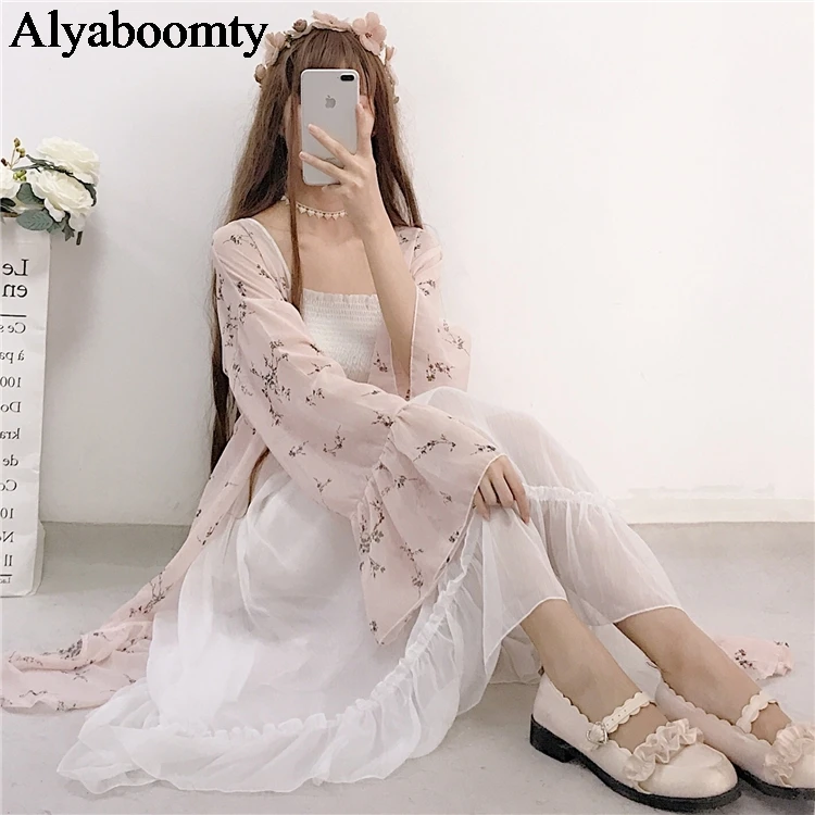 Японский Harajuku женский летний длинный Blusas пальто розовый цветочный принт