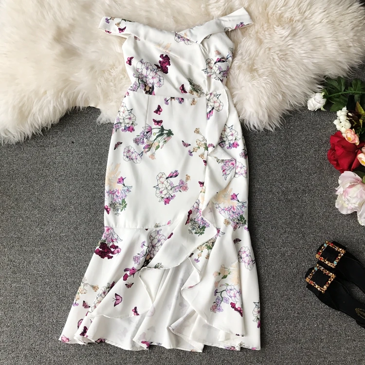 New women summmer dresses boat neck Print robe sexy Fishtail vestidos mujer Irregular split floral dress off shoulder | Женская одежда