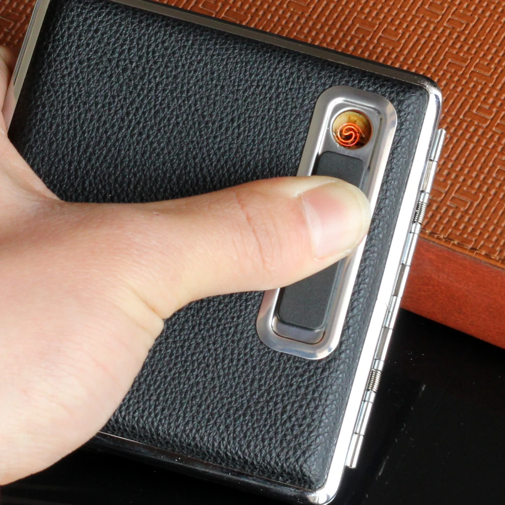 Кожаный портсигар с USB Llighter электронный Перезаряжаемые легче черный сигареты Box