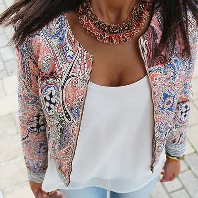

Fashion Women FloralPrint Long Sleeve Zipper Coats Autumn Spring Women Clothes