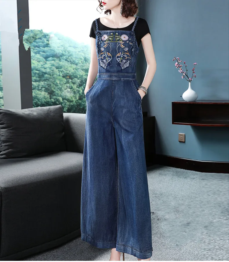Denim jumpsuit women 2018 Fashion Floral Embroidery Blue Jean overalls Elegant Sleeveless Strapless Wide Legs pants Bodysuits | Женская
