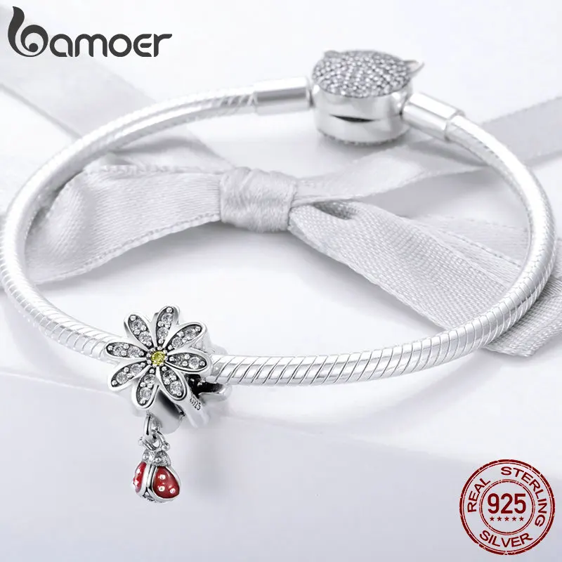BAMOER, трендовые 925 пробы, серебро, CZ, подвеска в виде ромашки, цветка, божьей коровки, подходит для браслета, ожерелья, DIY аксессуары, ювелирные изделия SCC727